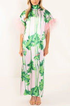 Darling Satin Botanical Print Tie-up Neck Half Sleeve Feather Trim Caftan Midi Dress