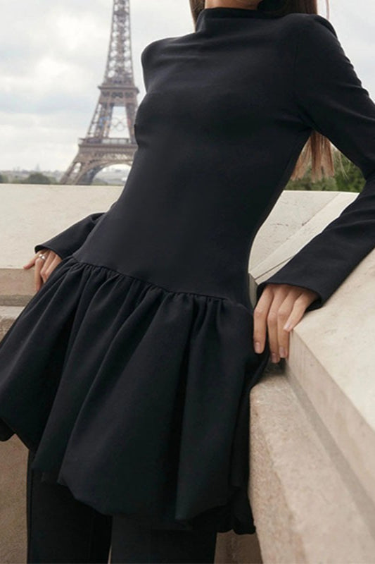 Long Sleeve High Neck Bubble Hem Fit and Flare Mini Dress