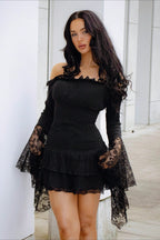 Smocked Off Shoulder Lace Bell Sleeve Tiered Ruffle Two Piece Set