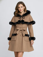 Faux Fur Trimmed Belted Wool Blend coat With Hooded Cape For Women 2026