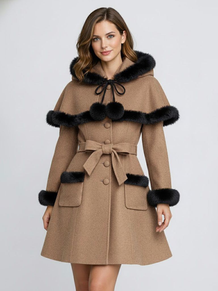 Faux Fur Trimmed Belted Wool Blend coat With Hooded Cape For Women 2026