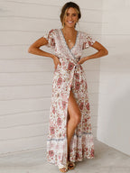 Boho Floral Wrap Maxi Dress For Women - Cream Ethnic Print V Neck Short Sleeve Dress - Summer Beach Vacation 2026