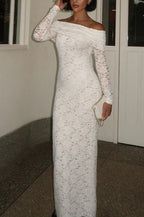 Lace Off Shoulder Long Sleeve Fold Over Panel Column Maxi Gown