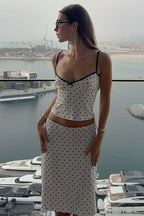 Silk Polka Dot Halter Top High Slit Pencil Skirt Set