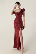 Draped One Shoulder Ruffle Formal Dress