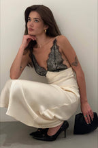 Eyelash Lace Trim Spaghetti Strap Satin Column Maxi Gown