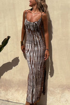 Tie Dye Print Crisscross Back Spaghetti Strap Bodycon Maxi Dress