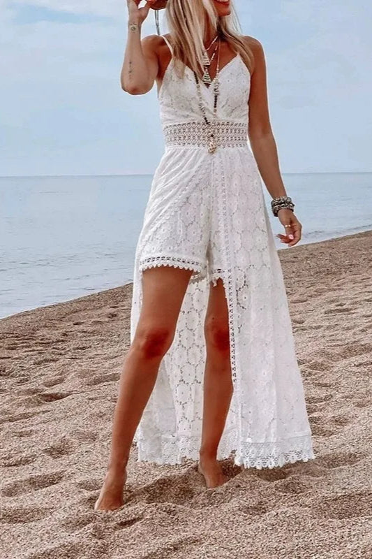 White Lace V-Neck Hollow With Side Slit Dress