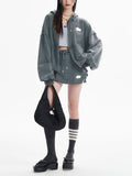Distressed Washed Double Zip Hoodie & Frayed Hem Skirt Set