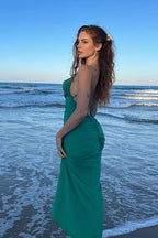 Cowl Neck Spaghetti Strap All Over Ruched Bodycon Midi Dress