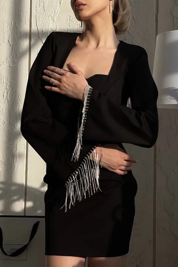 Rhinestone Fringe Bell Sleeve Arched Back Cutout Mini Dress