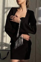 Rhinestone Fringe Bell Sleeve Arched Back Cutout Mini Dress