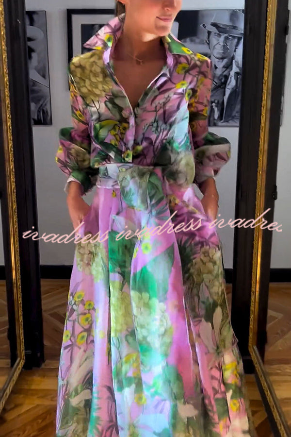 Seeds of Happiness Tulle Floral Print Balloon Sleeve Belt Blouse