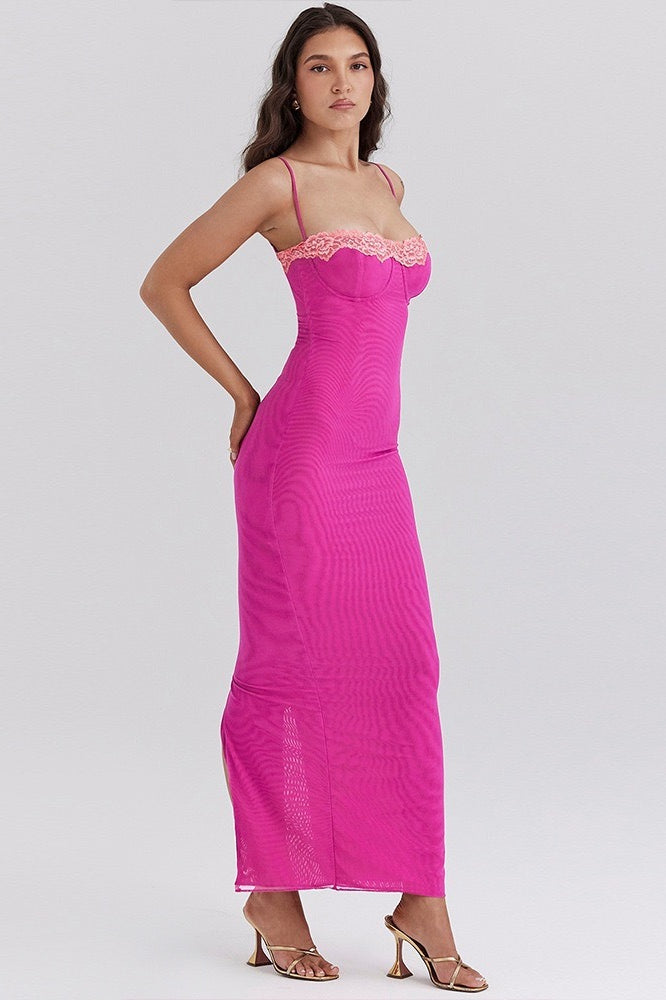 Ribbed Lace Trim Balconette Spaghetti Strap Bodycon Maxi Dress