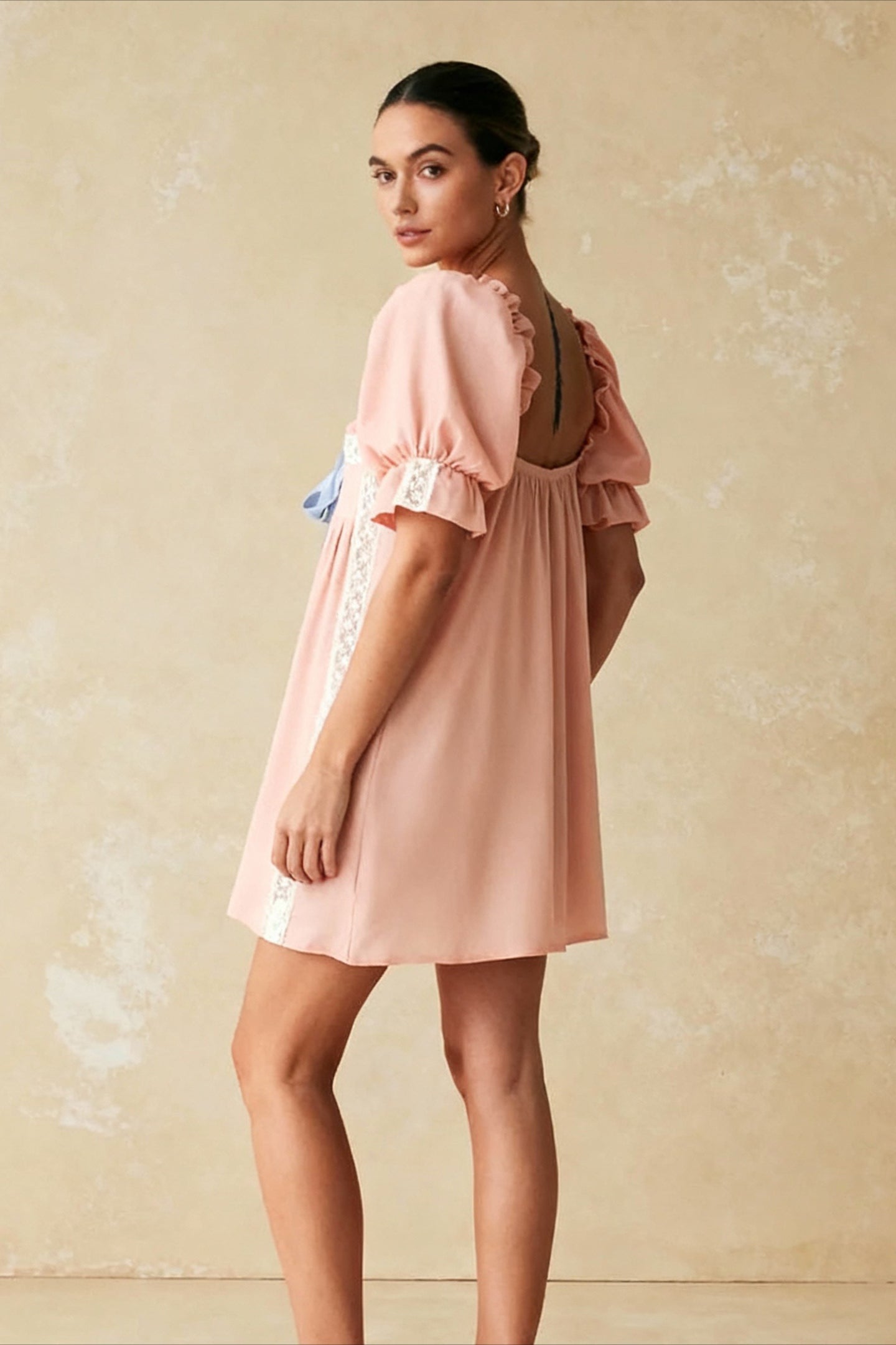 Square Neck Puff Sleeve Lace Panel Babydoll Mini Dress