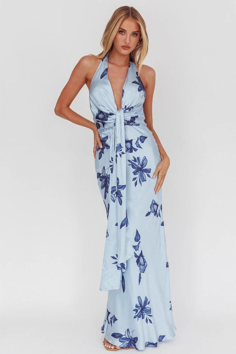 Floral Halter Deep V-Neck Knot Front Tie Sash Maxi Dress