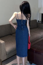 Denim Strapless Corset Bustier Side Pocket High Split Midi Dress