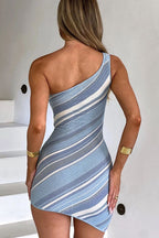 One Shoulder Metal Ring Accent Rib Knit Wavy Stripe Bodycon Mini Dress