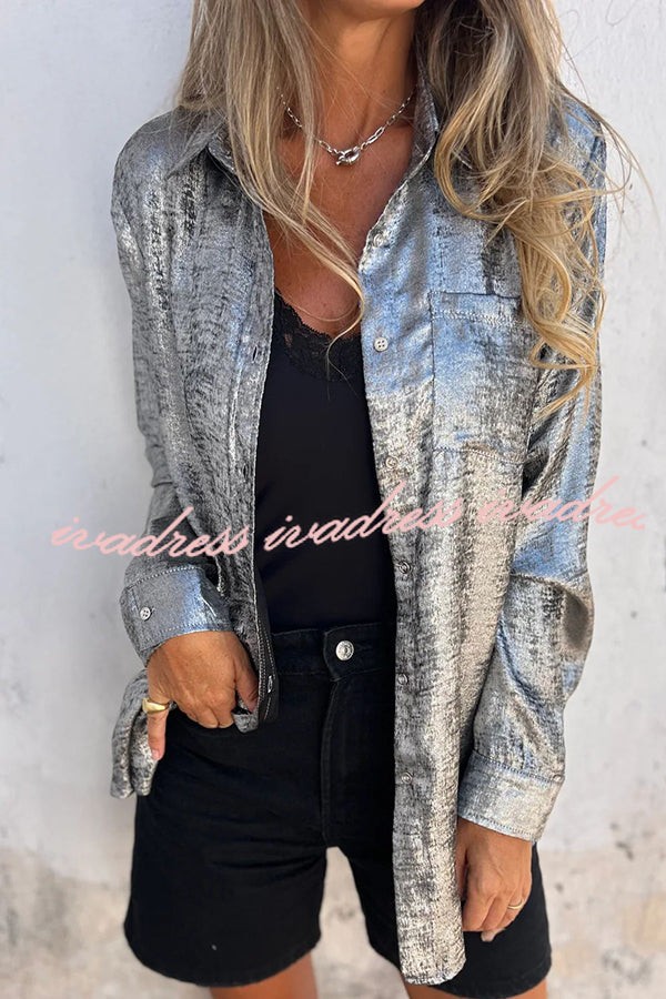 First and Fabulous Metallic Fabric Button Up Long Sleeve Loose Blouse