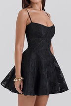 Jacquard Burnout Floral Sweetheart Ladder Stitch Fit and Flare Mini Dress