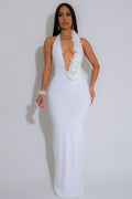 White Backless Halter Floral Bodycon Dress
