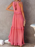 High Neck Smocked Halter Sleeveless Tiered Ruffle Maxi Dress