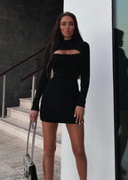 Ribbed Knit Mock Neck Cut Out Corset Seam Long Sleeve Bodycon Mini Dress