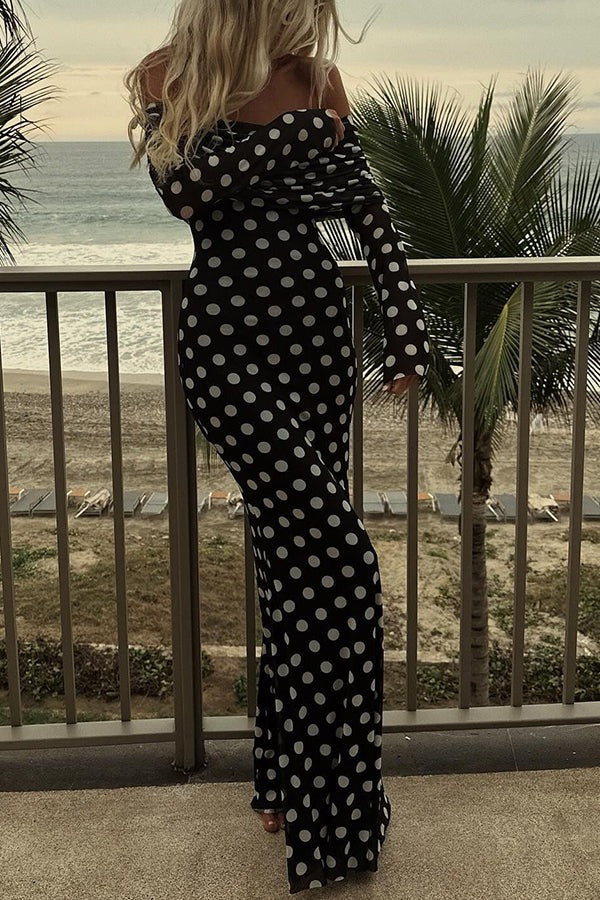 Hazel Statement Chic Off the Shoulder Ruched Stretch Maxi Dress with Polka Dot Print Boutique Collection
