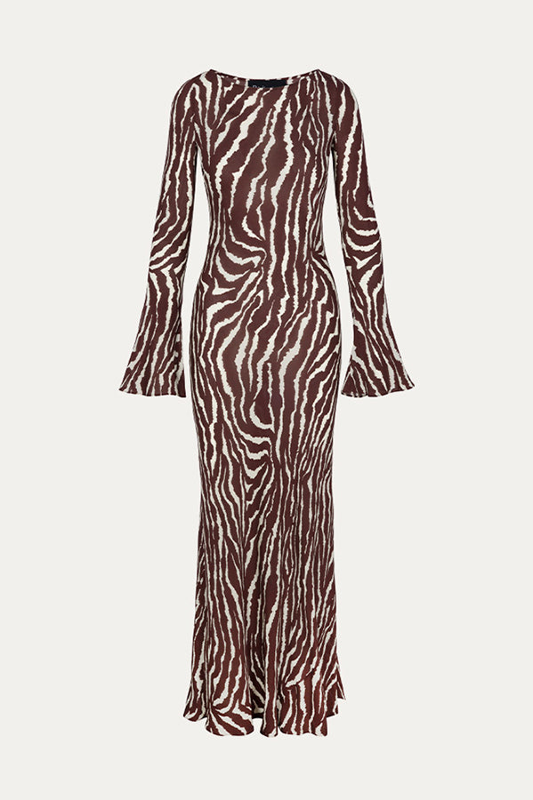 Floral Print Scoop Neck Bell Sleeve Bias Cut Maxi Dress