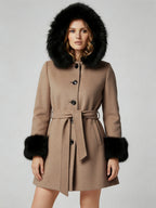 Belted Wool Blend Hooded Coat with black Faux fur cuffs For Women 2026