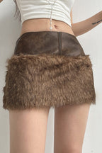 Low-Rise Fuzzy Leather Paneled Mini Skirt
