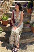 V Neck Halter Floral Ruffled Slim Floral Dress