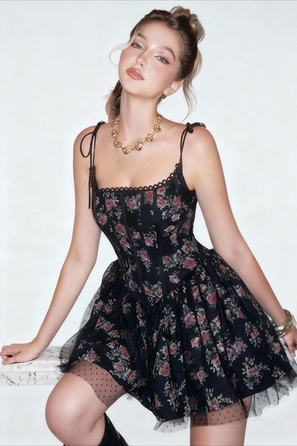 Floral Lace Trim Corset Bow Shoulder Spaghetti Strap Mini Dress