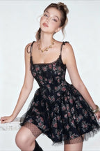Floral Lace Trim Corset Bow Shoulder Spaghetti Strap Mini Dress