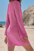 Solid Color Knit Hollow V-Neck Tie Long Sleeve Cover Up Mini Dress