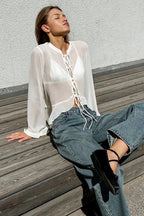 White Tie-Front Loose Stand-Collar Blouse