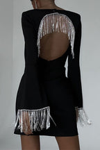 Rhinestone Fringe Bell Sleeve Arched Back Cutout Mini Dress