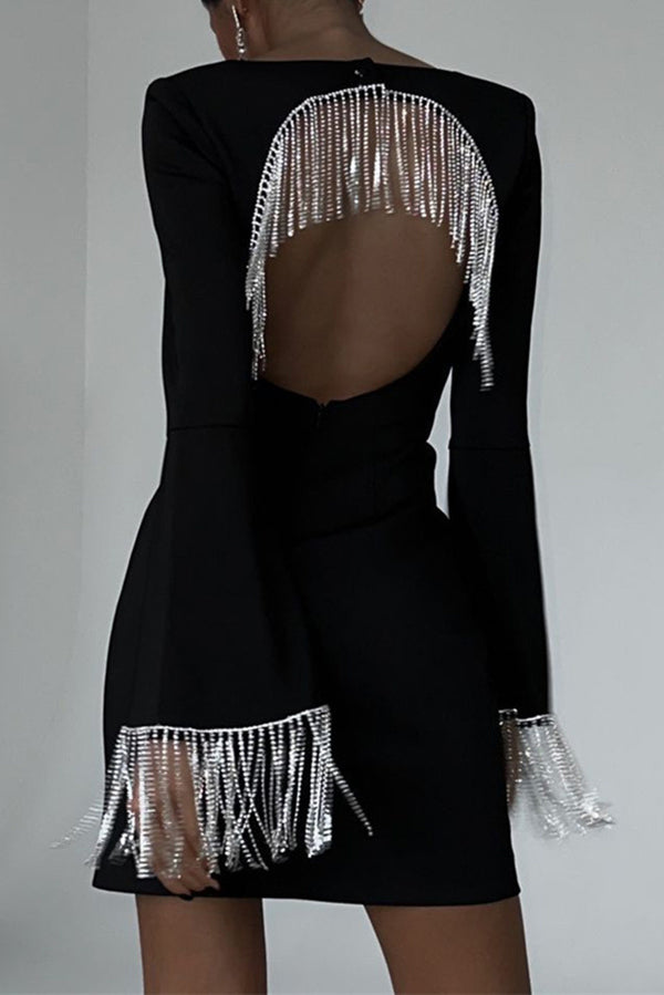Rhinestone Fringe Bell Sleeve Arched Back Cutout Mini Dress
