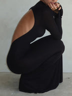 Solid Crew Neck Backless Long Sleeve Maxi Dress