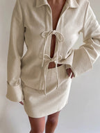 Solid Color Lace Up Cardigan Long Sleeve Blouse