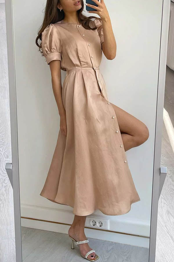 Puff Sleeve Pearl Button Front Satin Side Slit Midi Dress