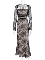 Trumpet Dress Lace-up Cutout Floral Embroidery Long Sleeves Prom Dresses