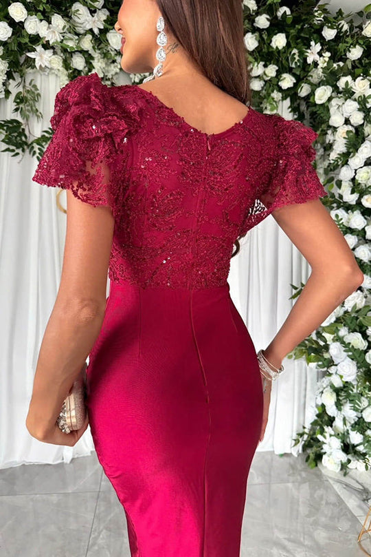 Romilly Elevated Dreamy, Luxurious Lace and Satin Ruffle Sleeve Patchwork Midi Dress Statement Occasion Edit