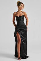 Satin Spaghetti Strap Ruched Drape High Split Bodycon Maxi Mini Dress