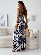Dark Navy Printed Strapless Sleeveless Polyester Straight Summer One Piece Outfit