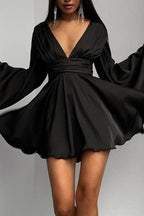 Satin Deep V-Neck Ruched Waist Flare Sleeve Mini Dress