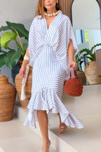 Tierra Striped V-neck Batwing Sleeve Loose Shirt and High Waist Irregular Fishtail Hem Midi Skirt Set