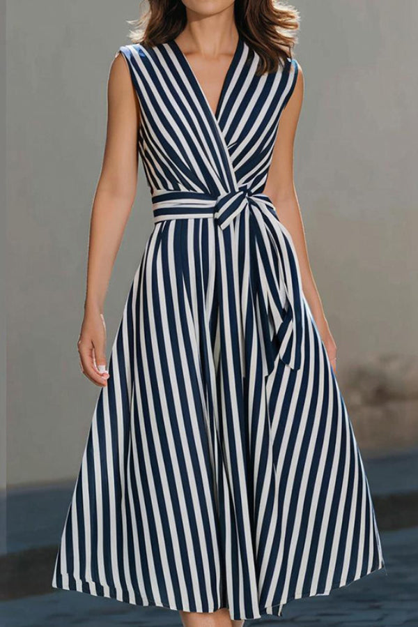Striped Printed V-neck Sleeveless Belted Casual Midi Dress