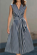 Striped Printed V-neck Sleeveless Belted Casual Midi Dress