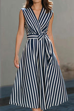 Striped Printed V-neck Sleeveless Belted Casual Midi Dress